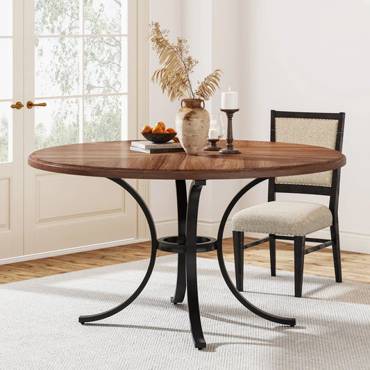 47" Round Dining Table for 4 People, Farmhouse Kitchen Table with Wooden Texture Surface & Pedestal Base, Round Table