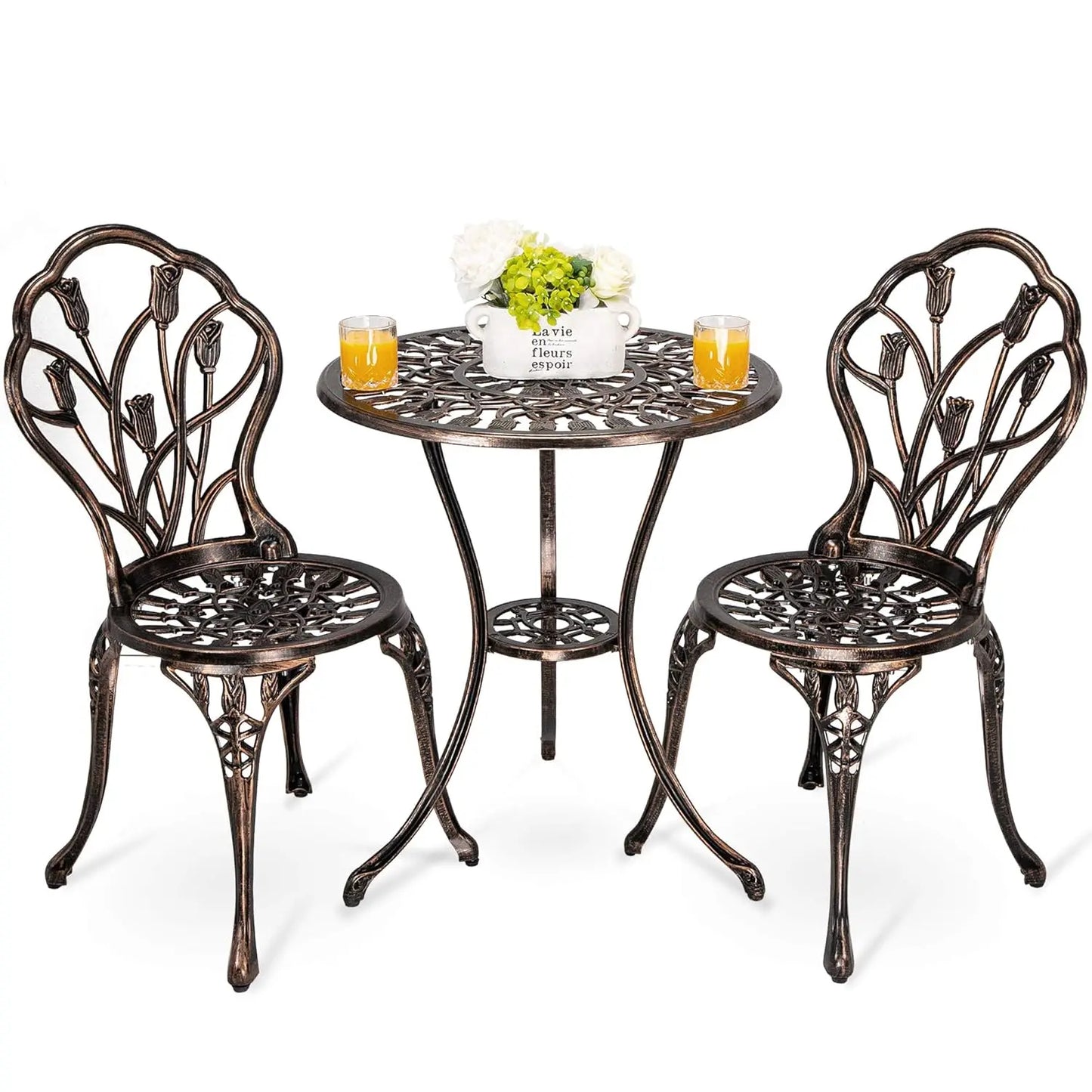 Bistro Table and Chairs Set of 2 Outdoor 3 Piece Patio Set, Rose Pattern Cast Aluminum Bistro for Garden Balcony,,