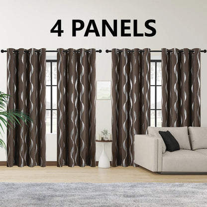 4PCS Blackout Curtains Grommet Thermal Insulated Room Darkening With Wave Foil Printed For Bedroom/Livingroom
