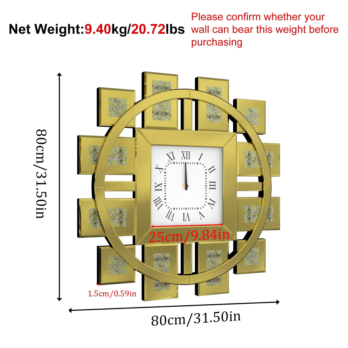 Crush Diamond Mirrored Wall Clock Sparkle Bling Quartz Clock Roman Numerals for Living Room