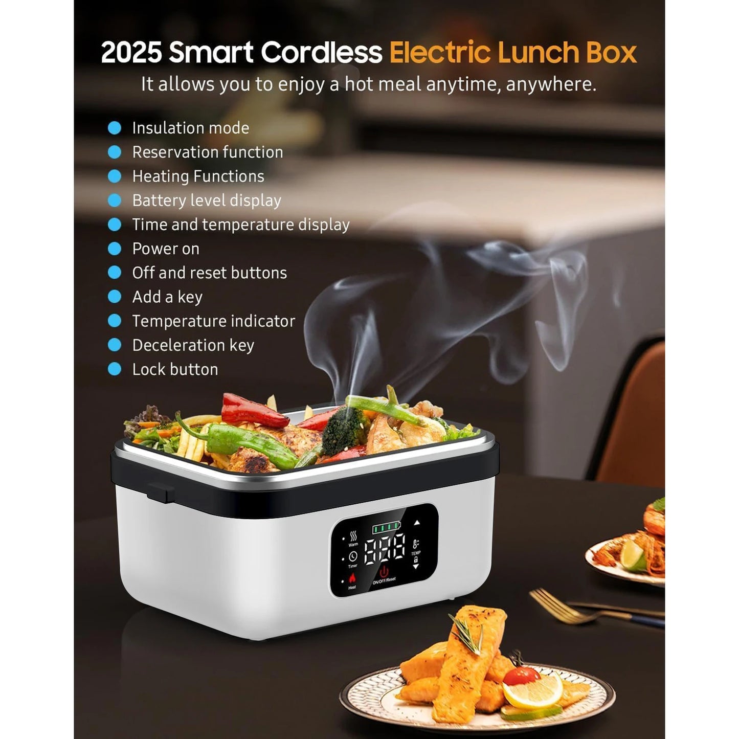 Automatic Heating Lunch Box, 1L Portable Food Warmer with Fork and Spoon and Insulated Carrying Bag