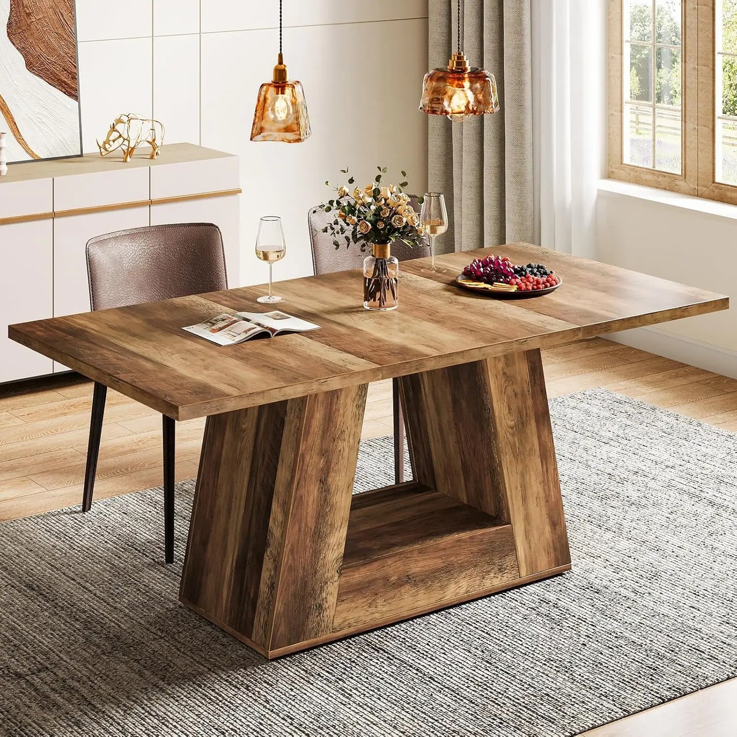 Dining Table for 4 to 6 People, Rectangular Dining Room Table, Dinner Table with Sturdy Base for Kitchen