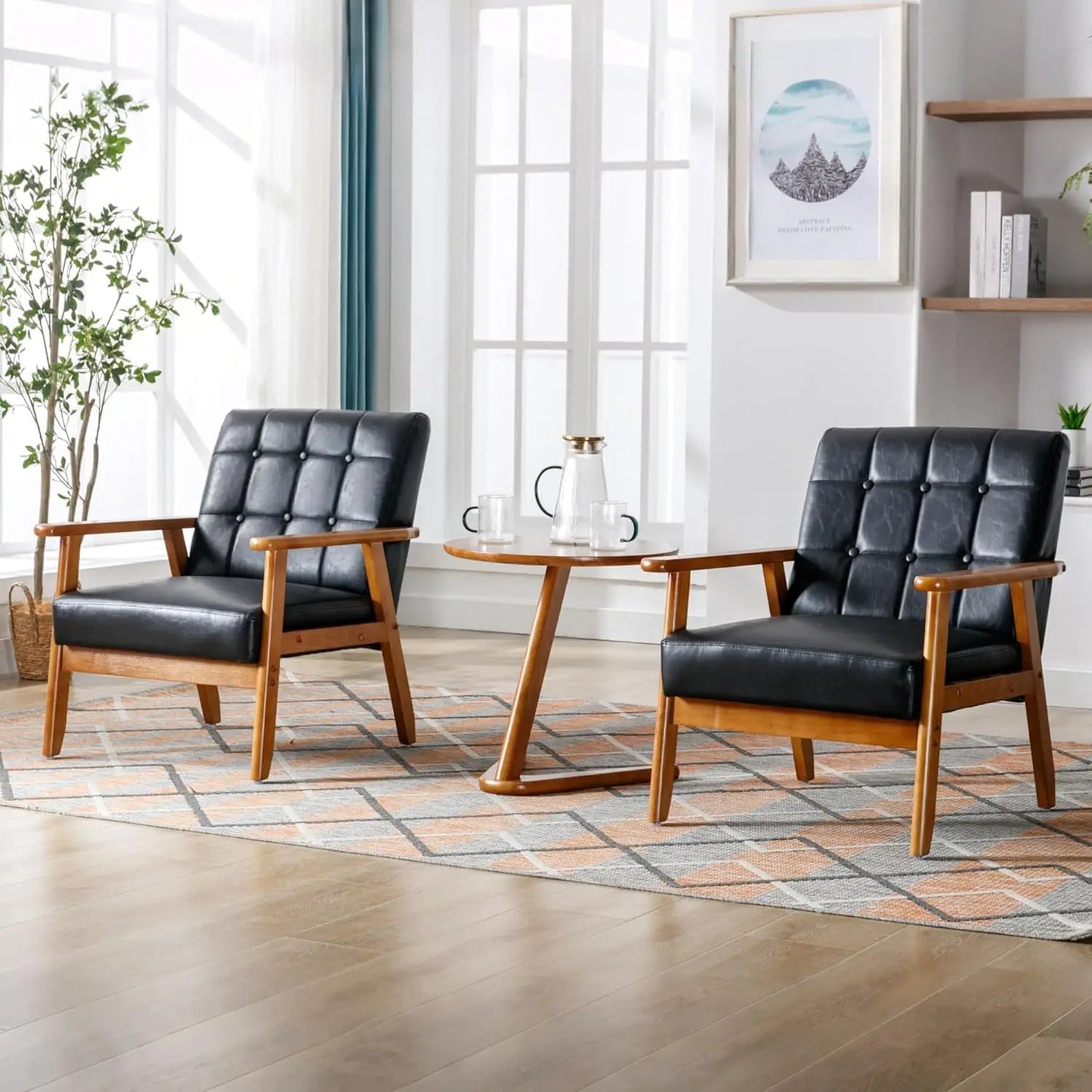 PU Leather Accent Chair Set of 2, Mid-Century Modern Armchair with Solid Wood Armrests