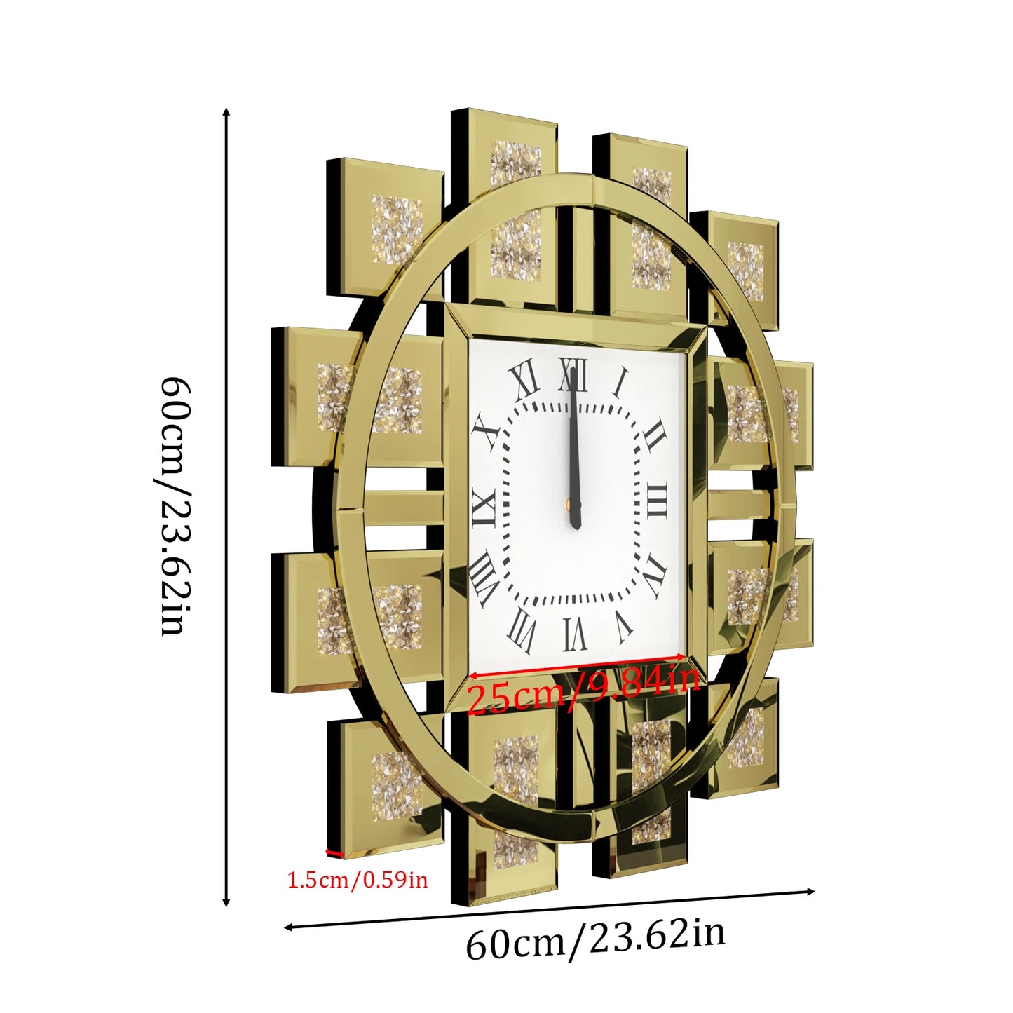 Crush Diamond Mirrored Wall Clock Sparkle Bling Quartz Clock Roman Numerals for Living Room
