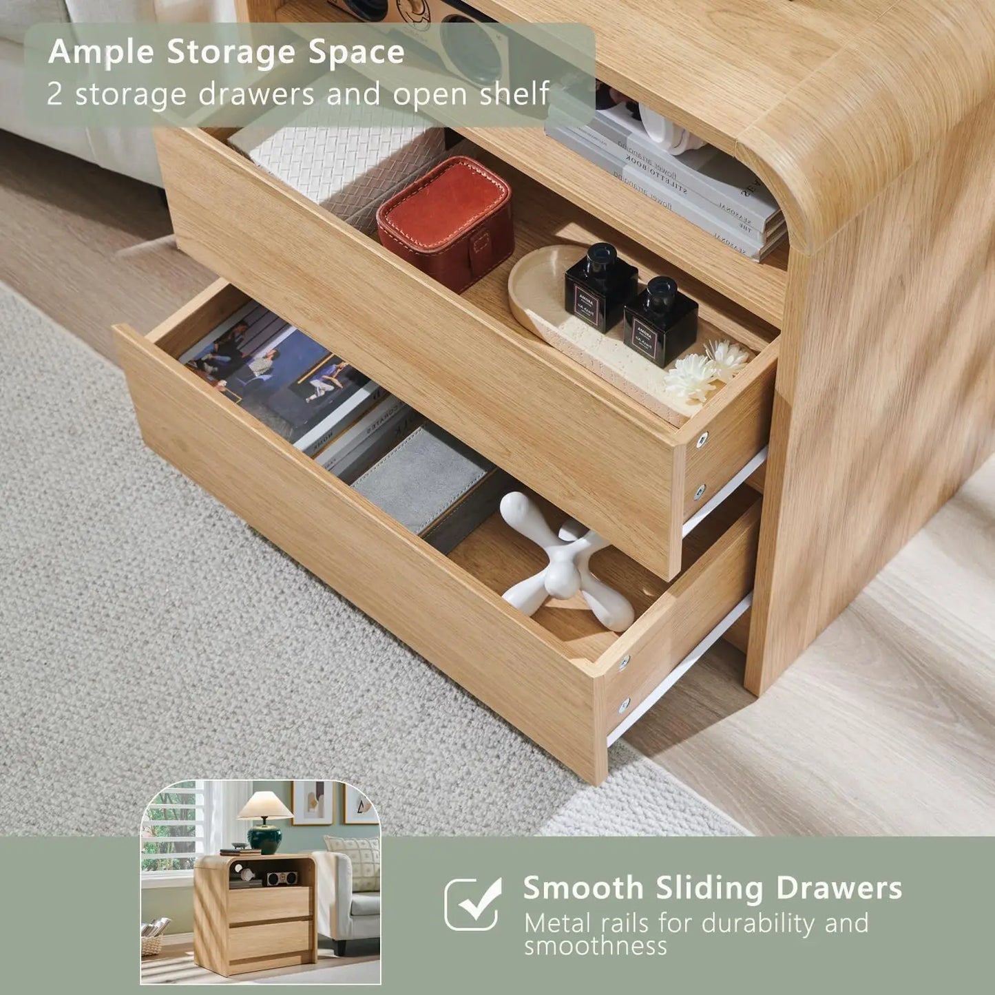 25" Tall Modern Nightstand 23.6'' Wide Wood Bedside Table w/2 Storage Drawers, Charging Station