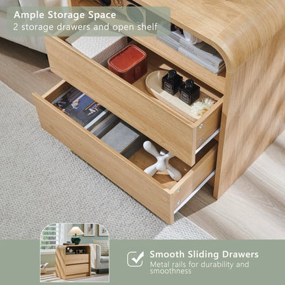 25" Tall Modern Nightstand 23.6'' Wide Wood Bedside Table w/2 Storage Drawers, Charging Station