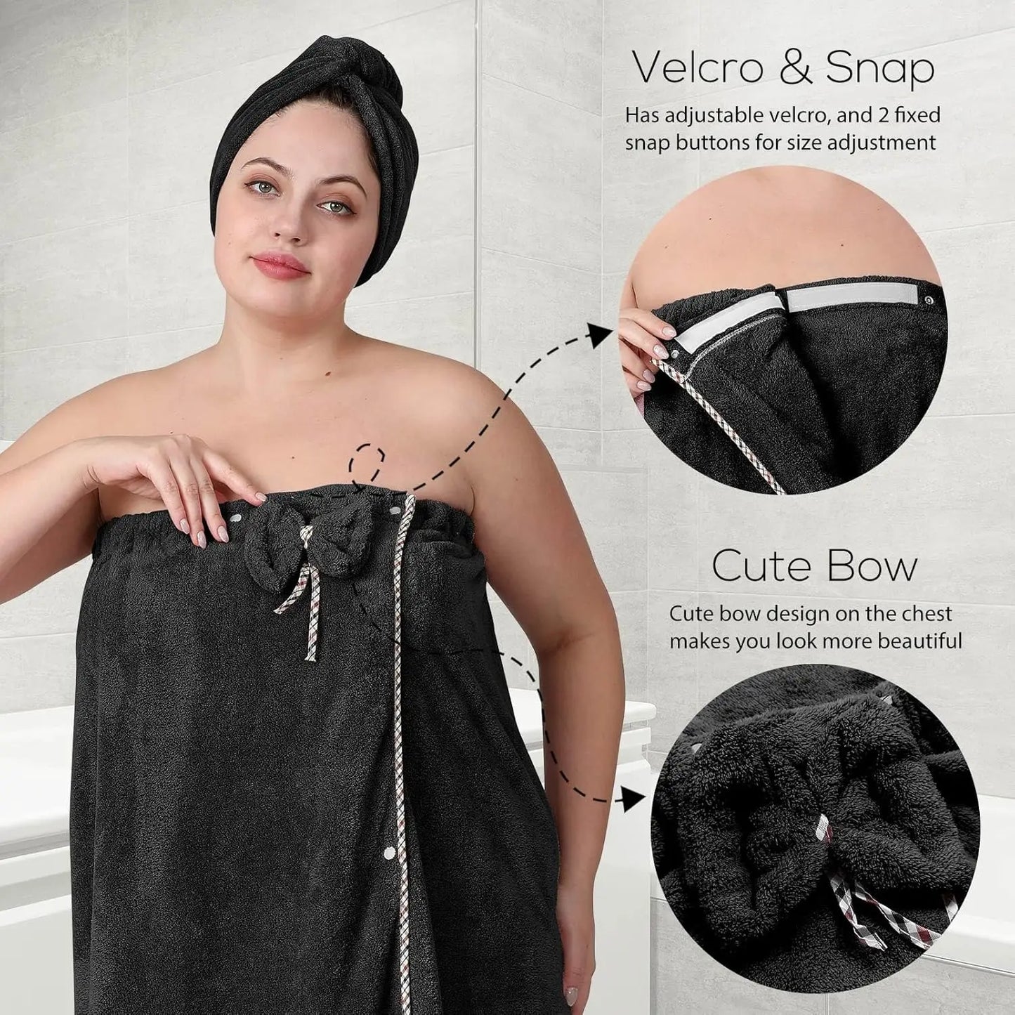 Adjustable Plus Size Towel Wrap with Hair Towel, Spa Bath Dress Black (XXL-XXXXL)