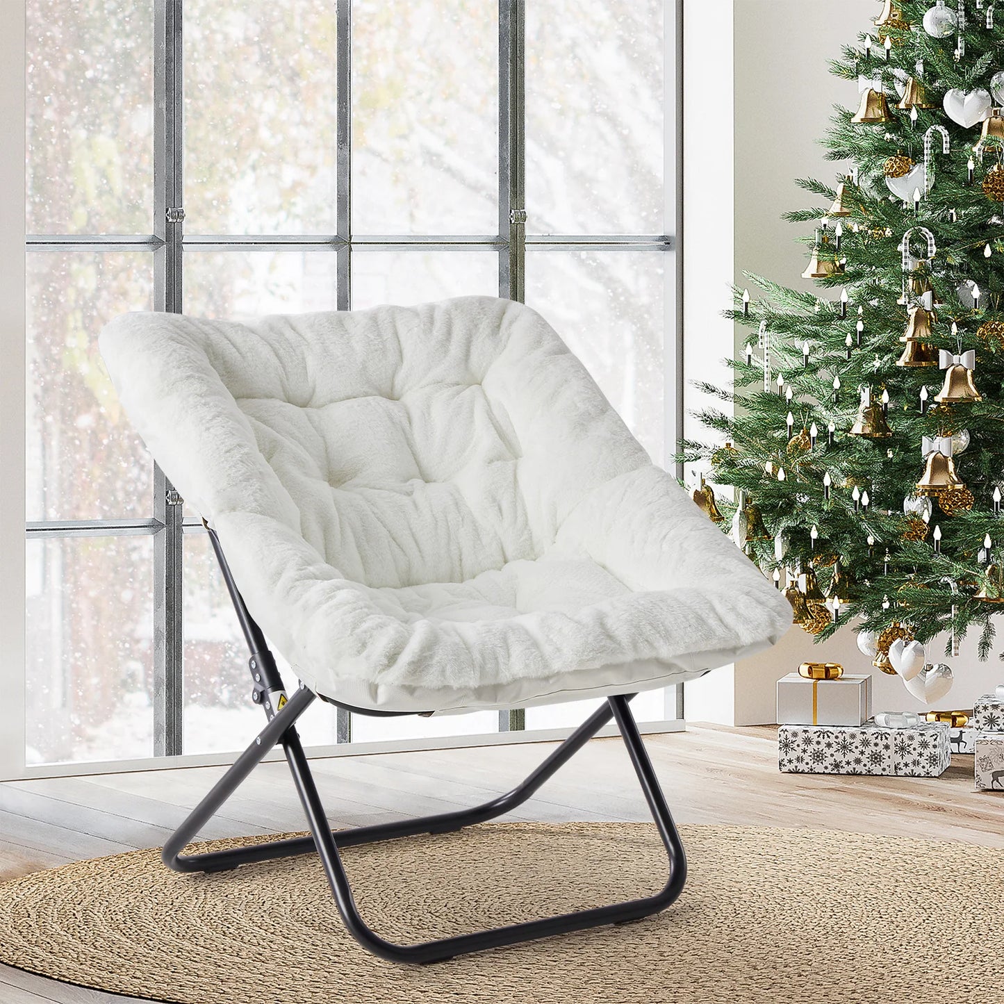 JHK 28IN Cozy Saucer Chairs Soft Faux Fur Large Size Folding Lounge Living Room Padded Seat Metal Frame