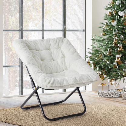 JHK 28IN Cozy Saucer Chairs Soft Faux Fur Large Size Folding Lounge Living Room Padded Seat Metal Frame