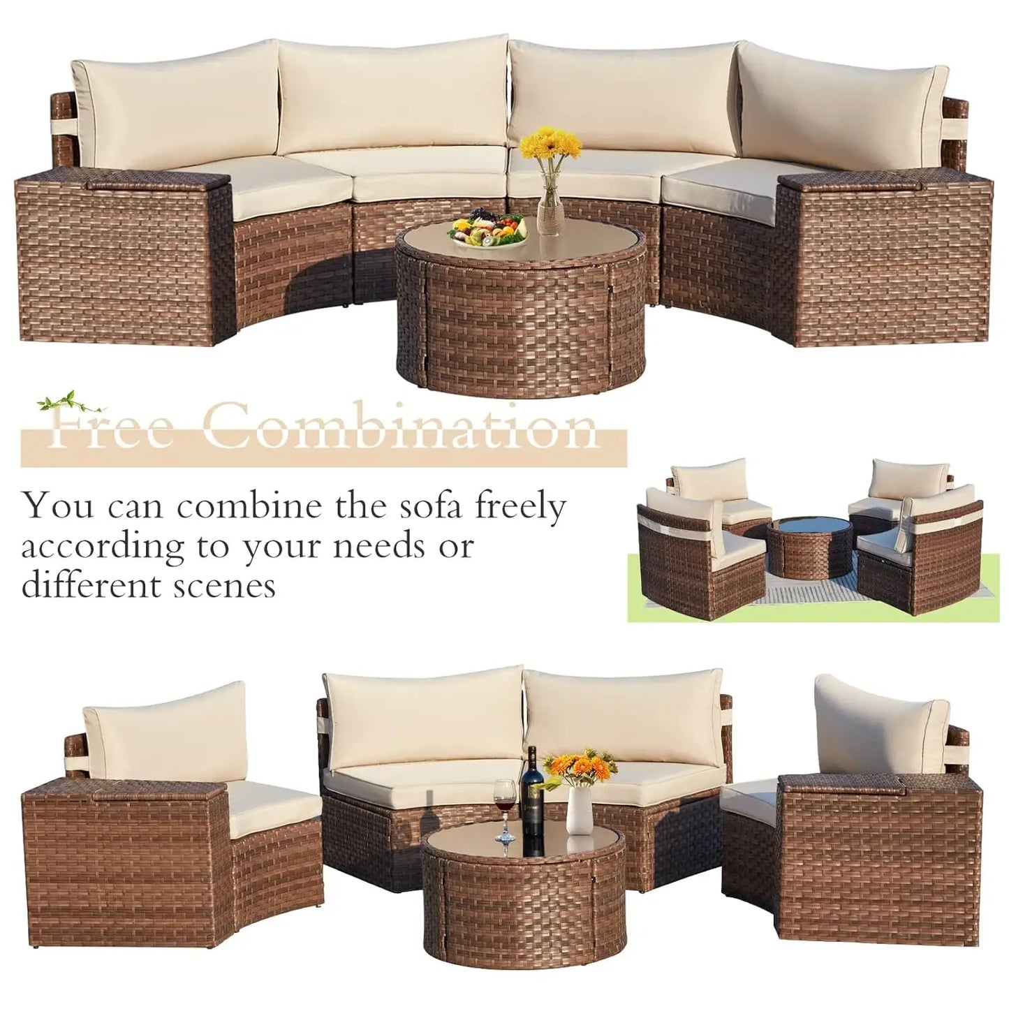 7pc Half-Moon Curved Wicker Patio Sectional Sofa Set with Storage & Glass Table