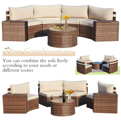 7pc Half-Moon Curved Wicker Patio Sectional Sofa Set with Storage & Glass Table