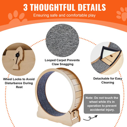 Wooden Cat Exercise Wheel Large Cat Treadmill Wheel for Indoor Cat with Detachable Carpet& Cat Teaser