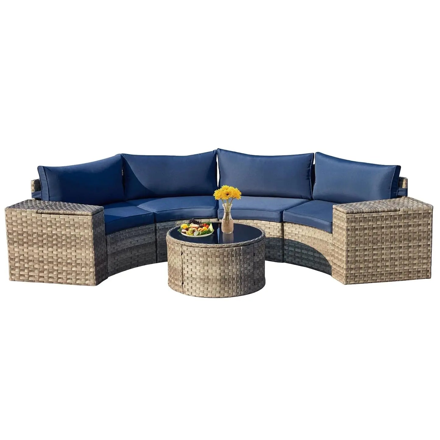 7pc Half-Moon Curved Wicker Patio Sectional Sofa Set with Storage & Glass Table