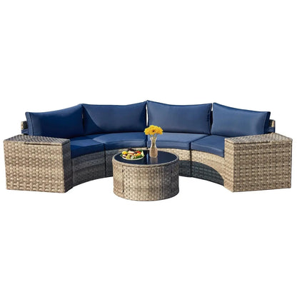 7pc Half-Moon Curved Wicker Patio Sectional Sofa Set with Storage & Glass Table