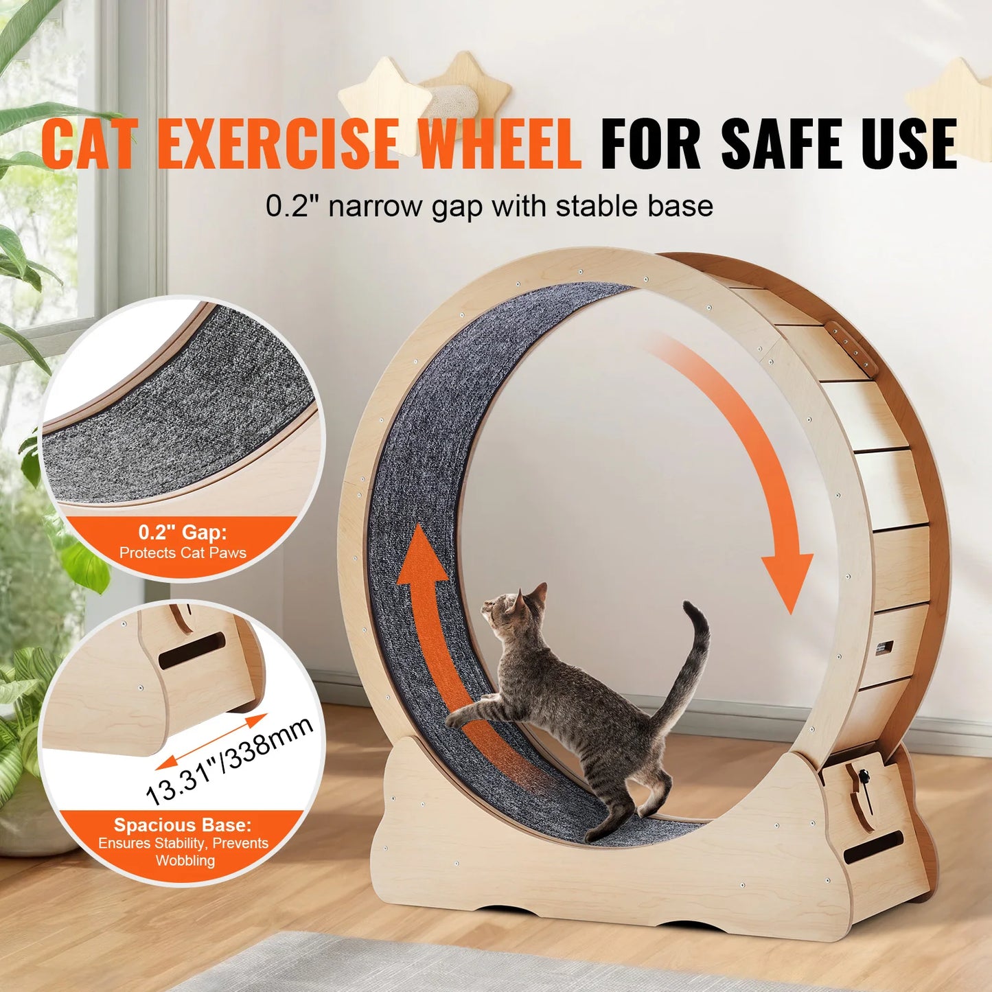 Wooden Cat Exercise Wheel Large Cat Treadmill Wheel for Indoor Cat with Detachable Carpet& Cat Teaser