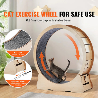 Wooden Cat Exercise Wheel Large Cat Treadmill Wheel for Indoor Cat with Detachable Carpet& Cat Teaser