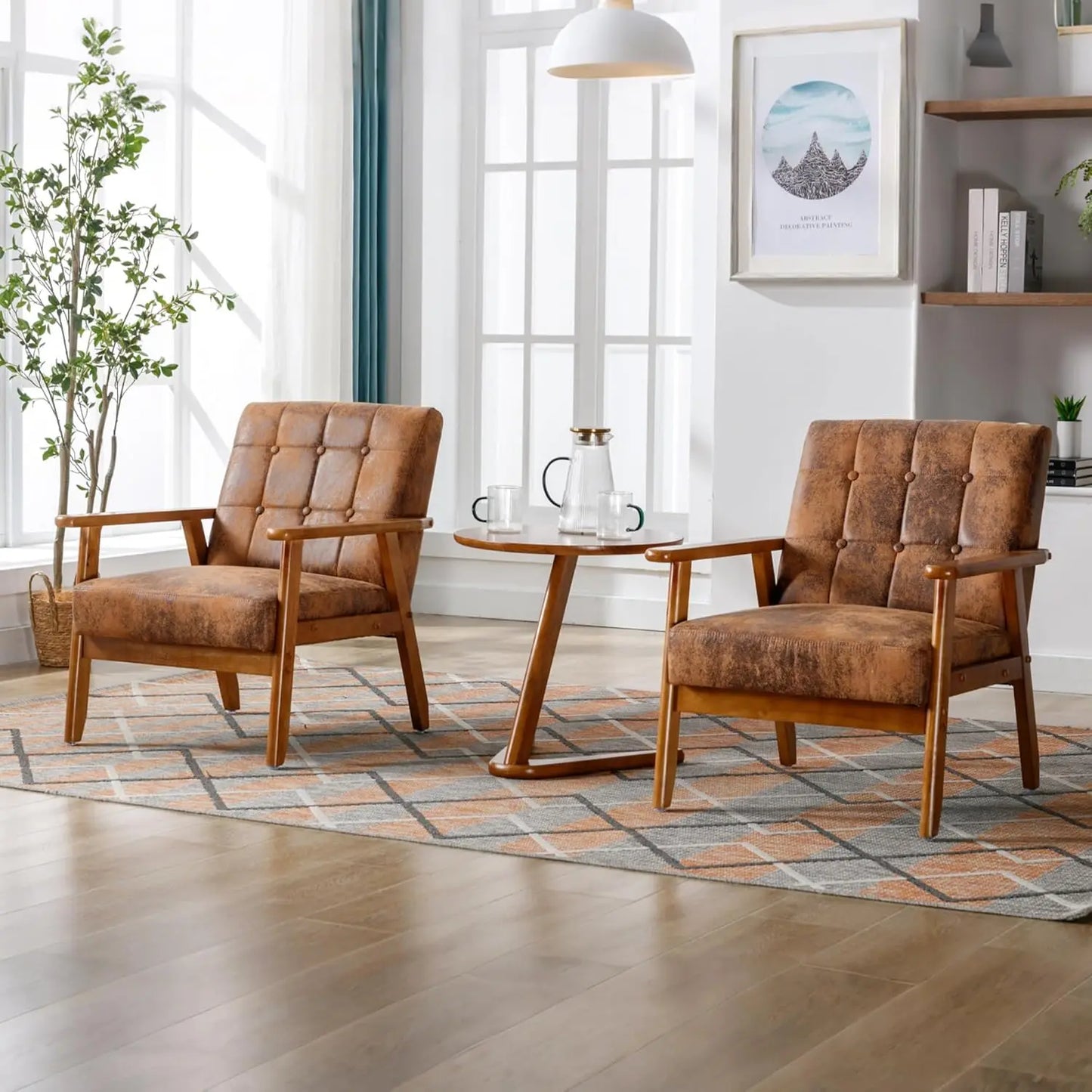 PU Leather Accent Chair Set of 2, Mid-Century Modern Armchair with Solid Wood Armrests