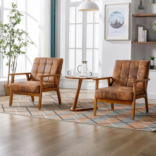 PU Leather Accent Chair Set of 2, Mid-Century Modern Armchair with Solid Wood Armrests