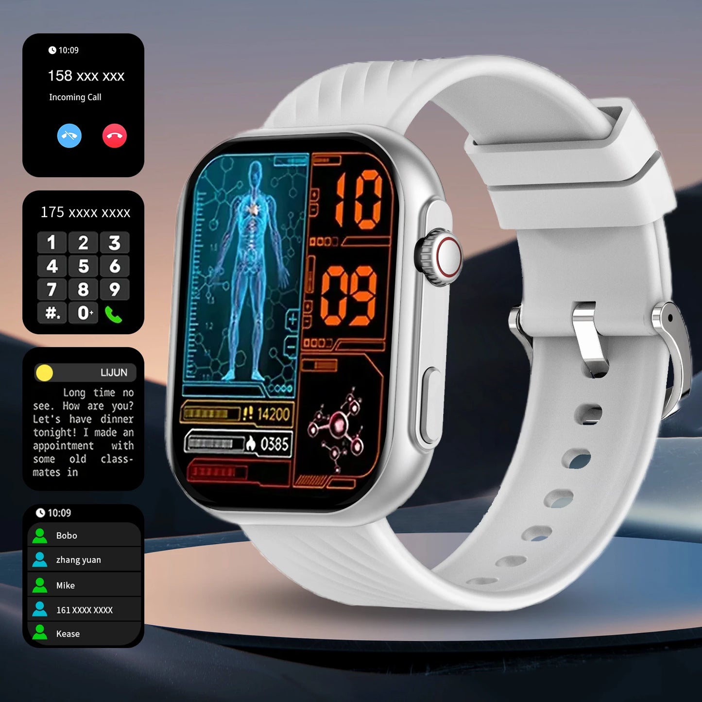 Smart watch, wireless calling, message reminder, multi-sport mode, 2.01-inch HD screen, unisex