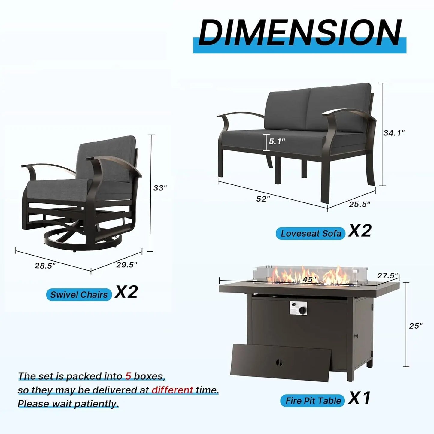 Aluminum Patio Furniture Set with Fire Pit Table, Metal Patio Furniture with 2 Swivel Rocking Chairs