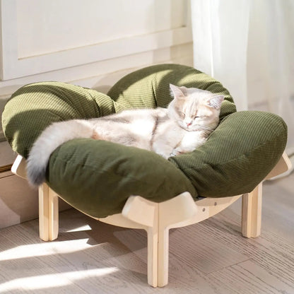 Elevated Cat Bed Wooden With Cushion Fluffy Pet Couch Sofa For Indoor Cats Raised Kitty Lounge Chair