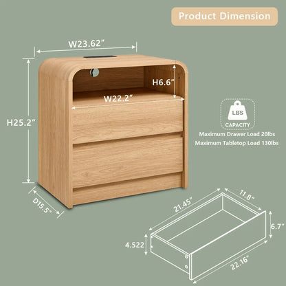 25" Tall Modern Nightstand 23.6'' Wide Wood Bedside Table w/2 Storage Drawers, Charging Station