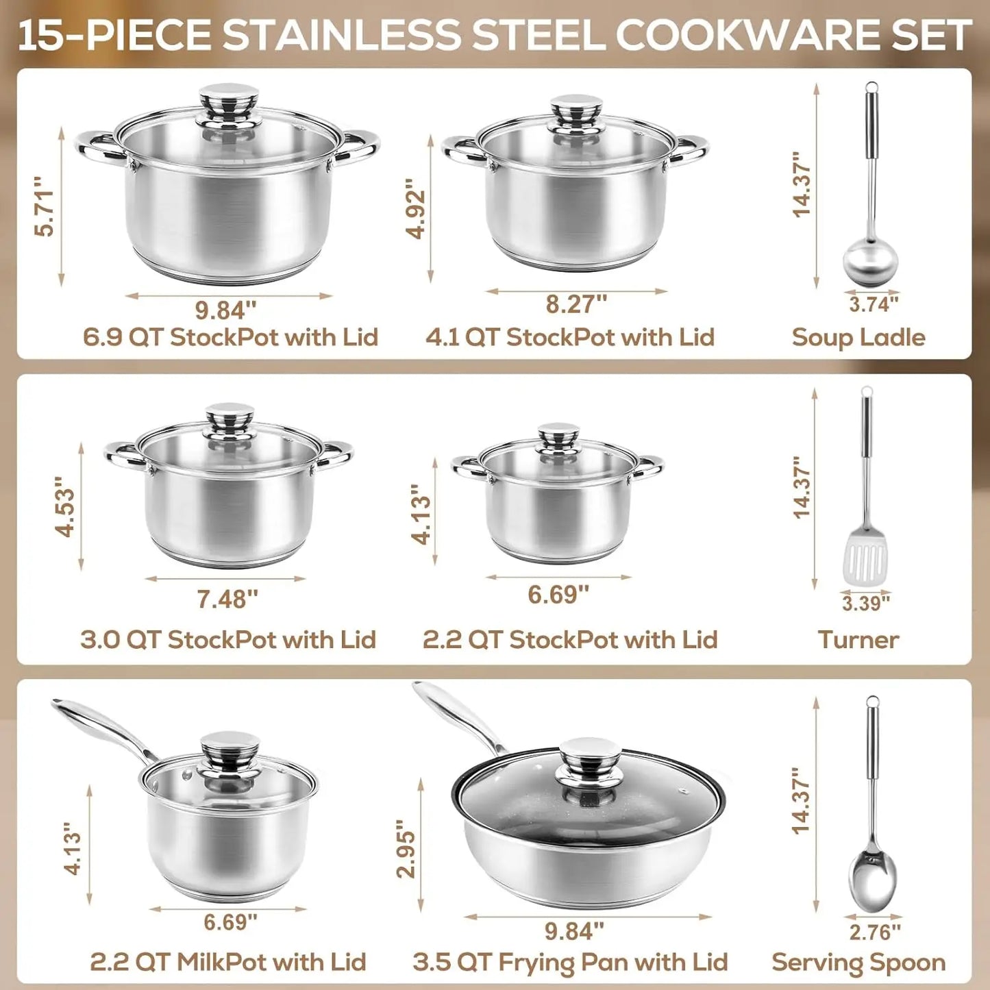 15-Piece Stainless Steel Cookware Set - Nonstick Pots & Pans with Lids, Induction Safe, Oven Compatible