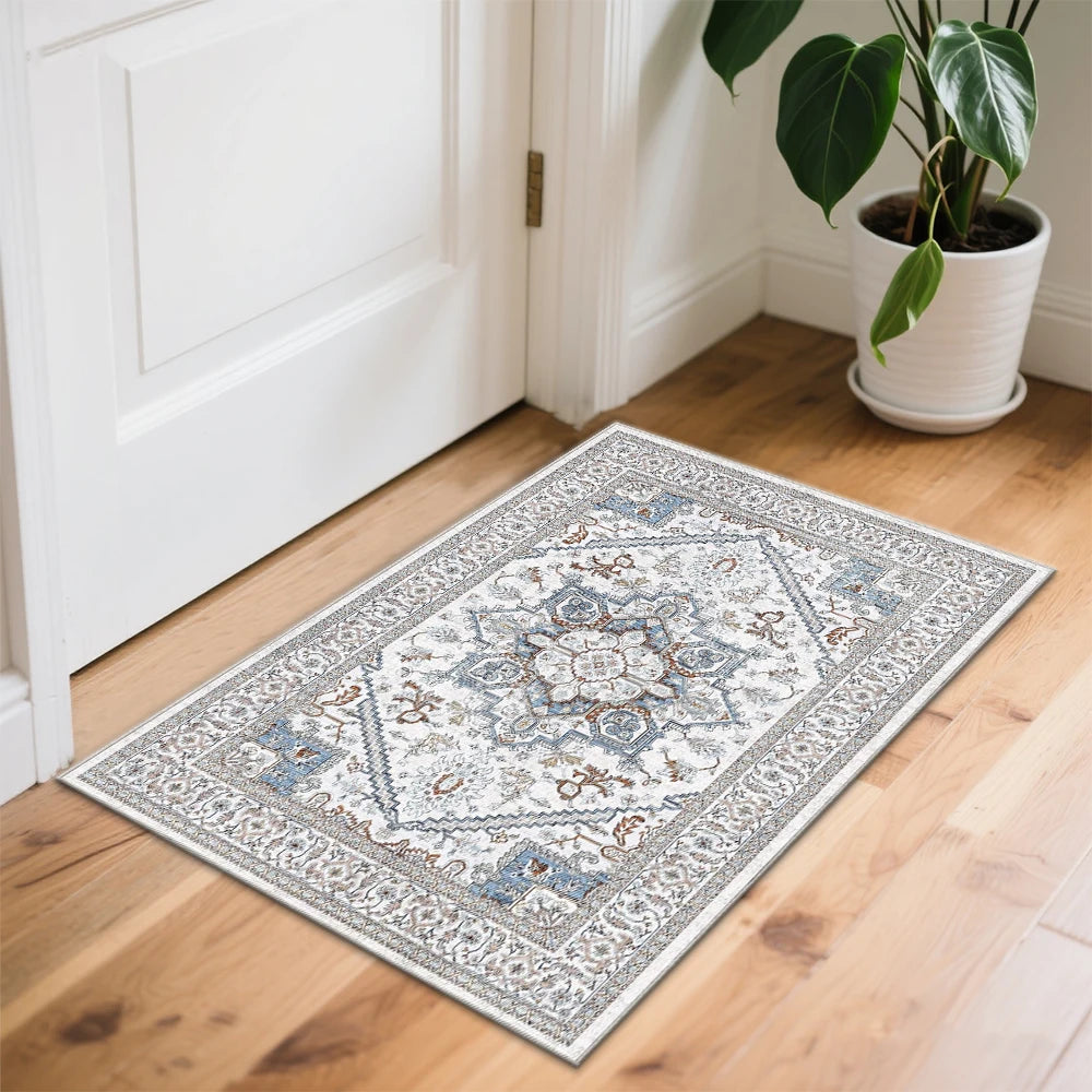 8x10 Area Rugs for Living Room: Washable Rug Stain Resistant Distressed Vintage Floral Rug Non Slip Low Pile Faux Wool Soft rugs