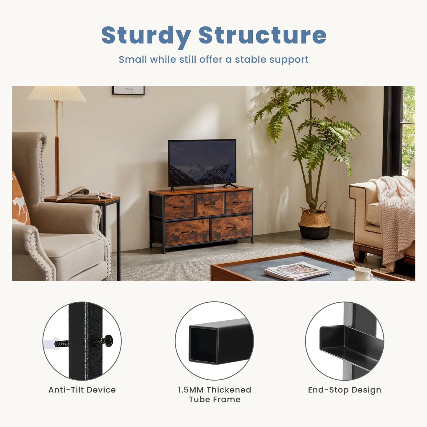 JHK Living Room Display Cabinet Layers With 5 Fabric Drawers For Clothes Storage Dresser