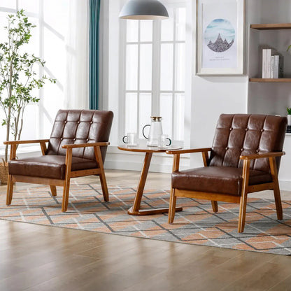 PU Leather Accent Chair Set of 2, Mid-Century Modern Armchair with Solid Wood Armrests