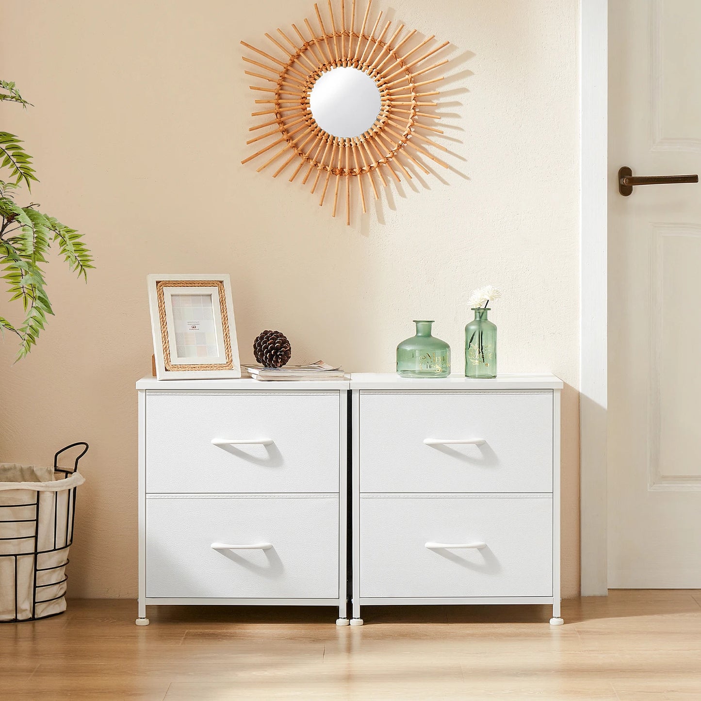 JHK Nightstand Bedside Coffee Sofa Tea Table Storage Closet Chest Clothes Display For Bedroom 2 Fabric Drawers