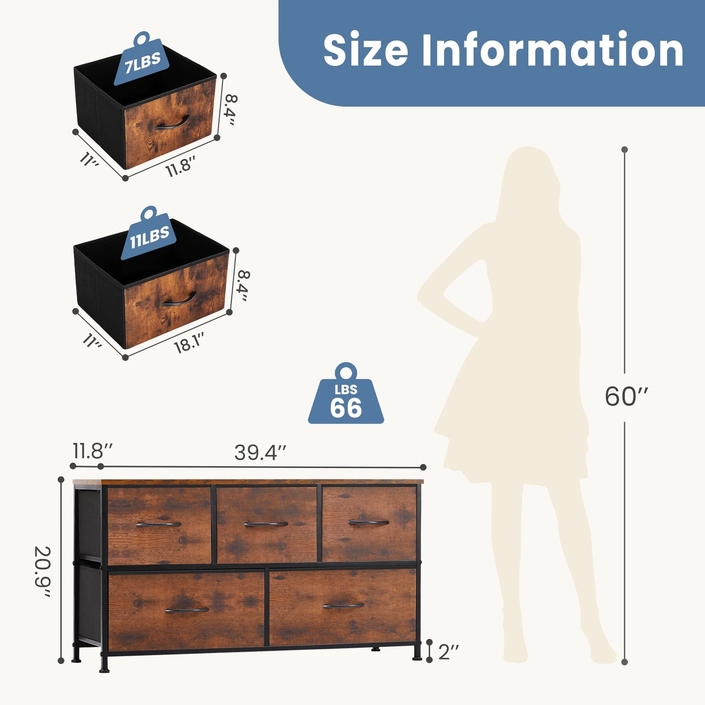 JHK Living Room Display Cabinet Layers With 5 Fabric Drawers For Clothes Storage Dresser