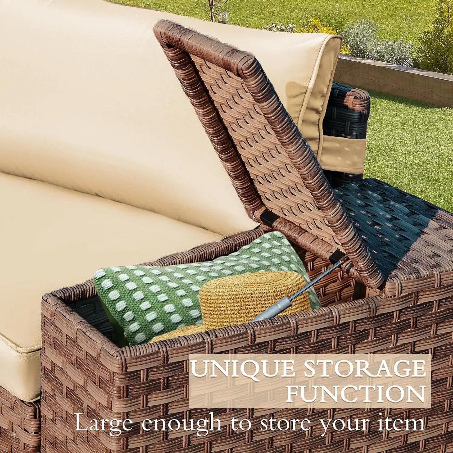 7pc Half-Moon Curved Wicker Patio Sectional Sofa Set with Storage & Glass Table