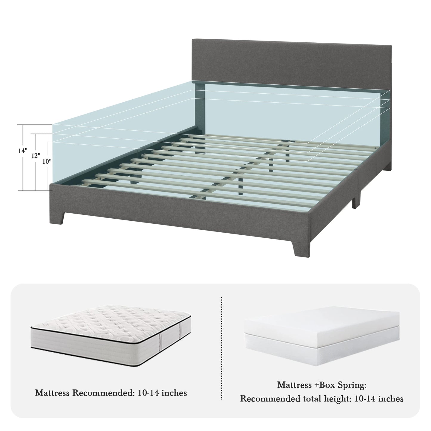 Full/Queen/King Upholstered Bed Frame with Adjustable Linen Headboard, Sturdy Wood Slats