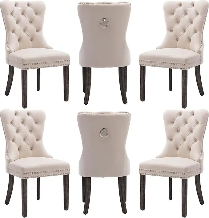 Velvet Dining Chairs Set of 6, Dining Room Chairs with Wood Legs and Pull Ring, Luxury Side Chair