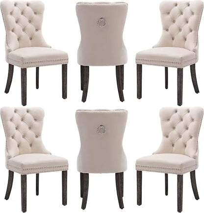 Velvet Dining Chairs Set of 6, Dining Room Chairs with Wood Legs and Pull Ring, Luxury Side Chair