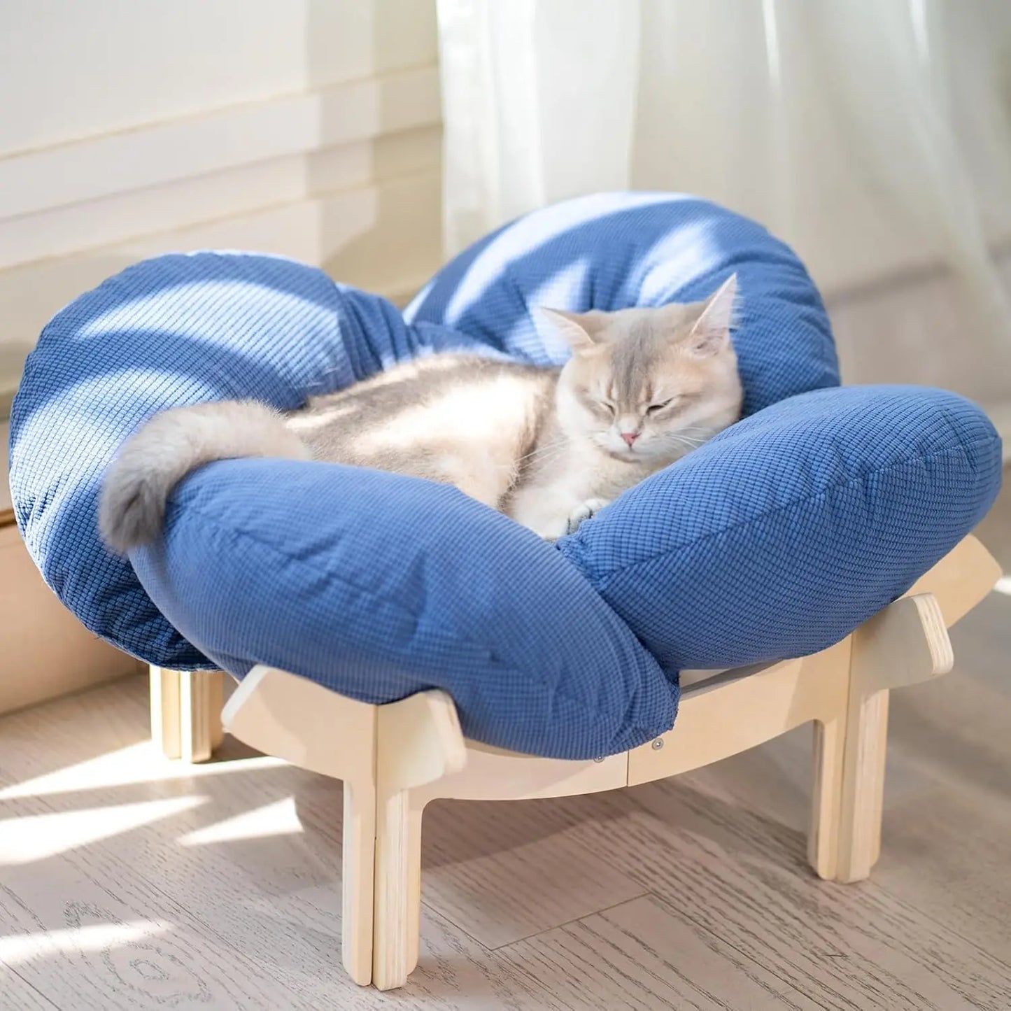 Elevated Cat Bed Wooden With Cushion Fluffy Pet Couch Sofa For Indoor Cats Raised Kitty Lounge Chair
