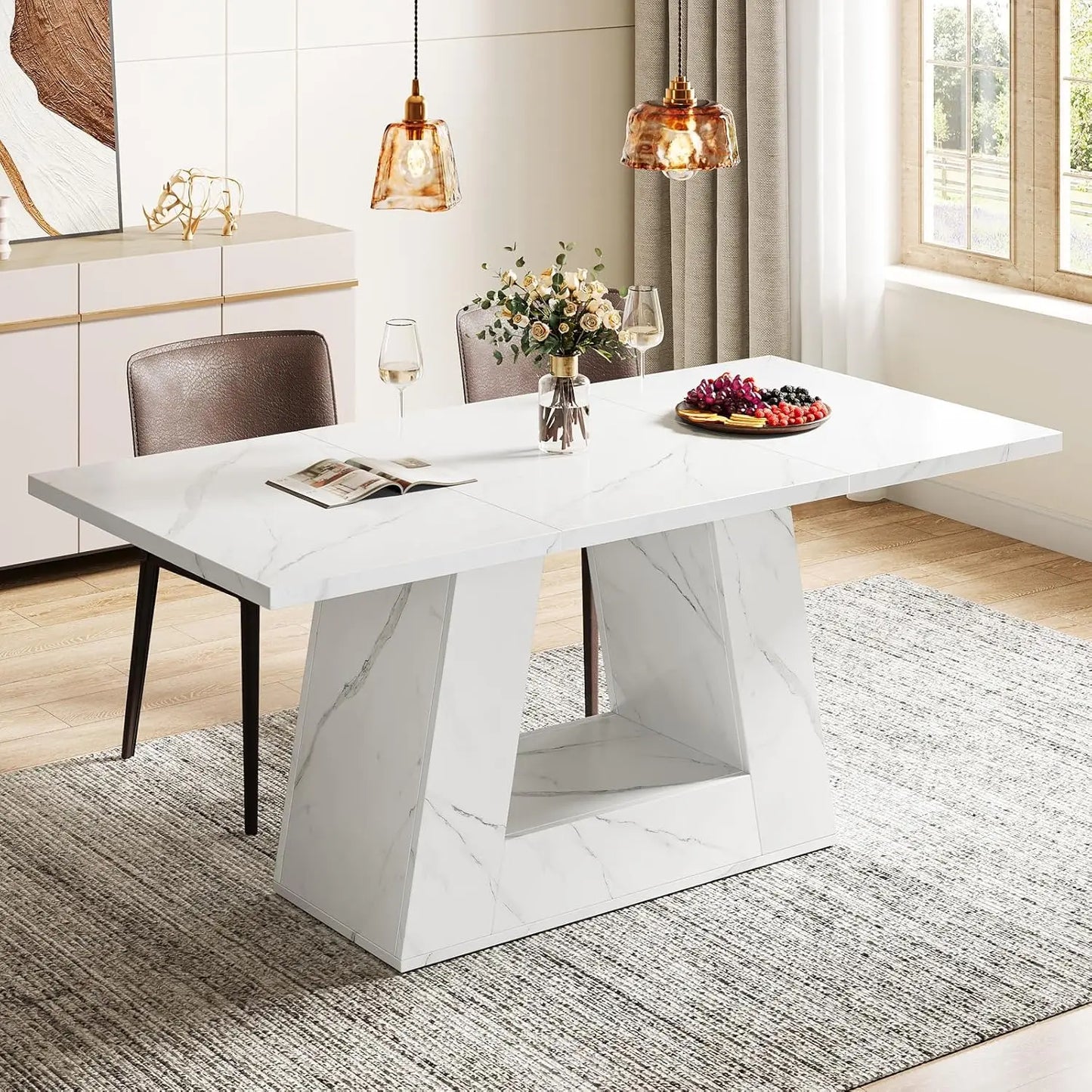Dining Table for 4 to 6 People, Rectangular Dining Room Table, Dinner Table with Sturdy Base for Kitchen