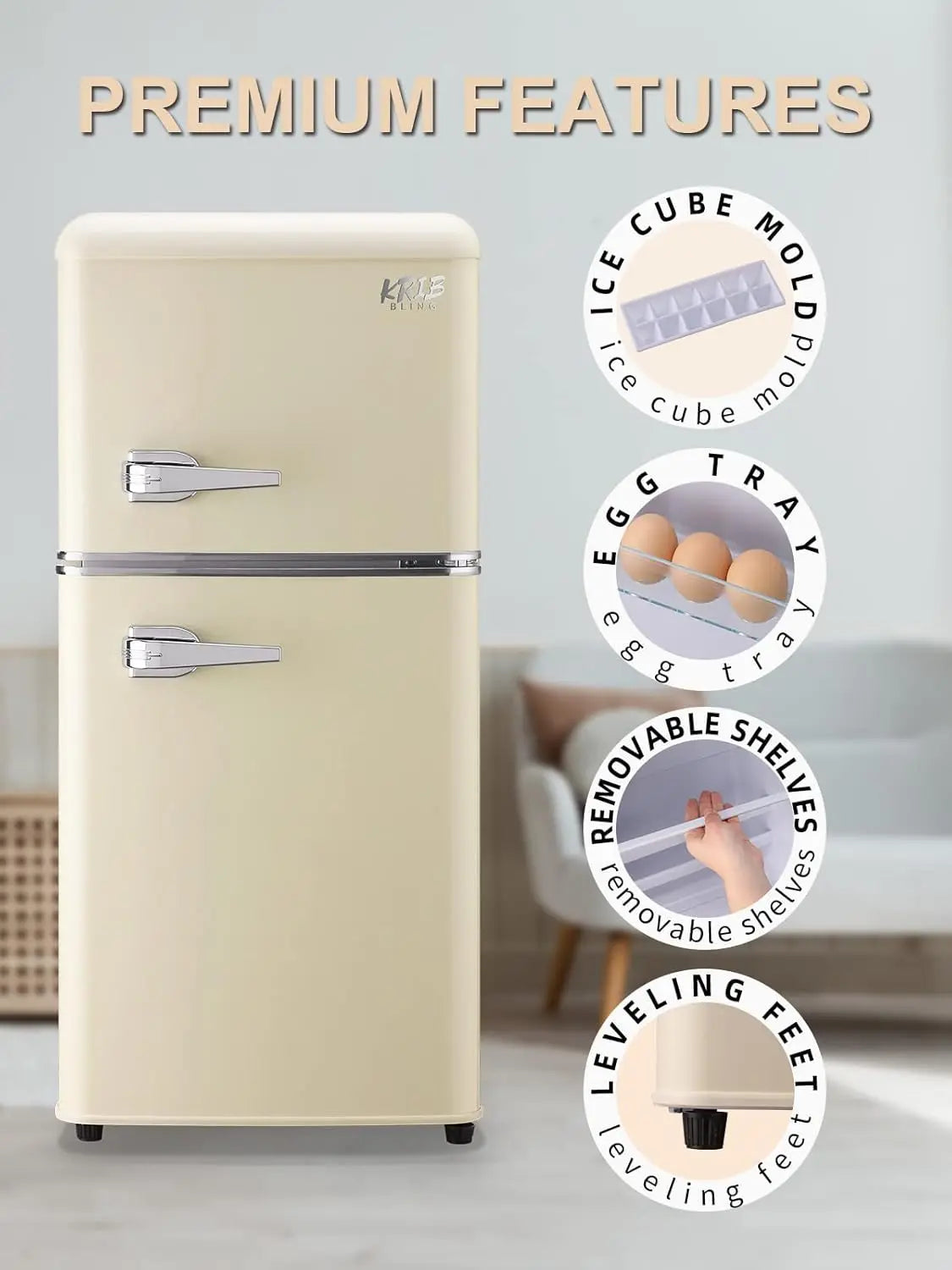 KRIB BLING 3.2 Cu.ft Compact Refrigerator with Freezer, Retro Design Small Drink Chiller for Home, Office