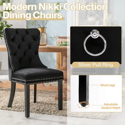 Velvet Dining Chairs Set of 6, Dining Room Chairs with Wood Legs and Pull Ring, Luxury Side Chair