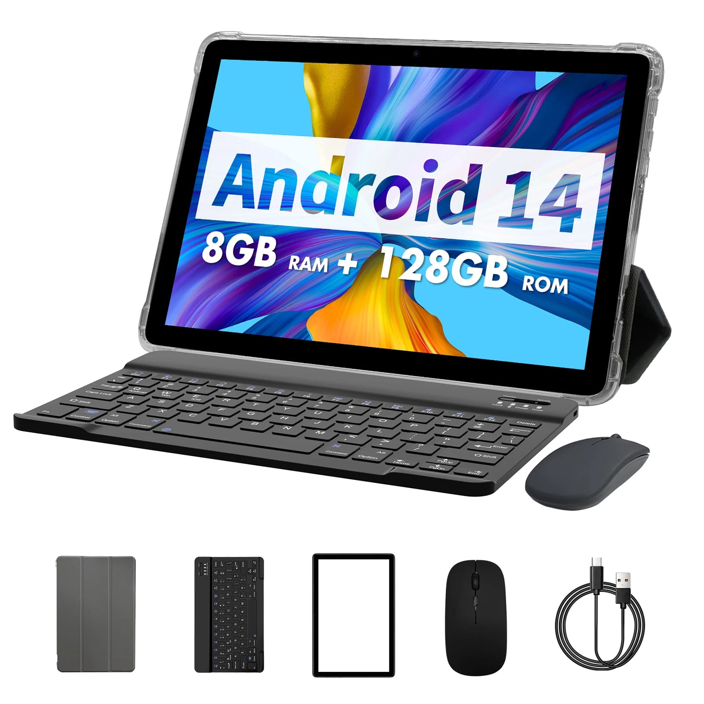 PRITOM Android 14 Tablet 10.1 Inch, 8GB RAM + 128GB ROM, Octa Core, 5G WiFi, with Keyboard, Mouse, Case