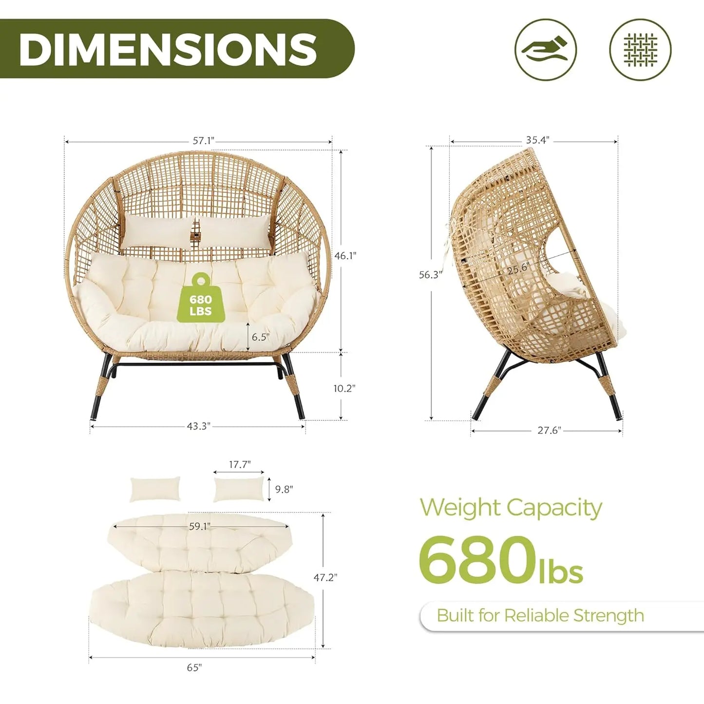 Oversized Double Egg Loveseat 680lb Wicker Rattan Cushioned Patio Balcony Garden Indoor Customized
