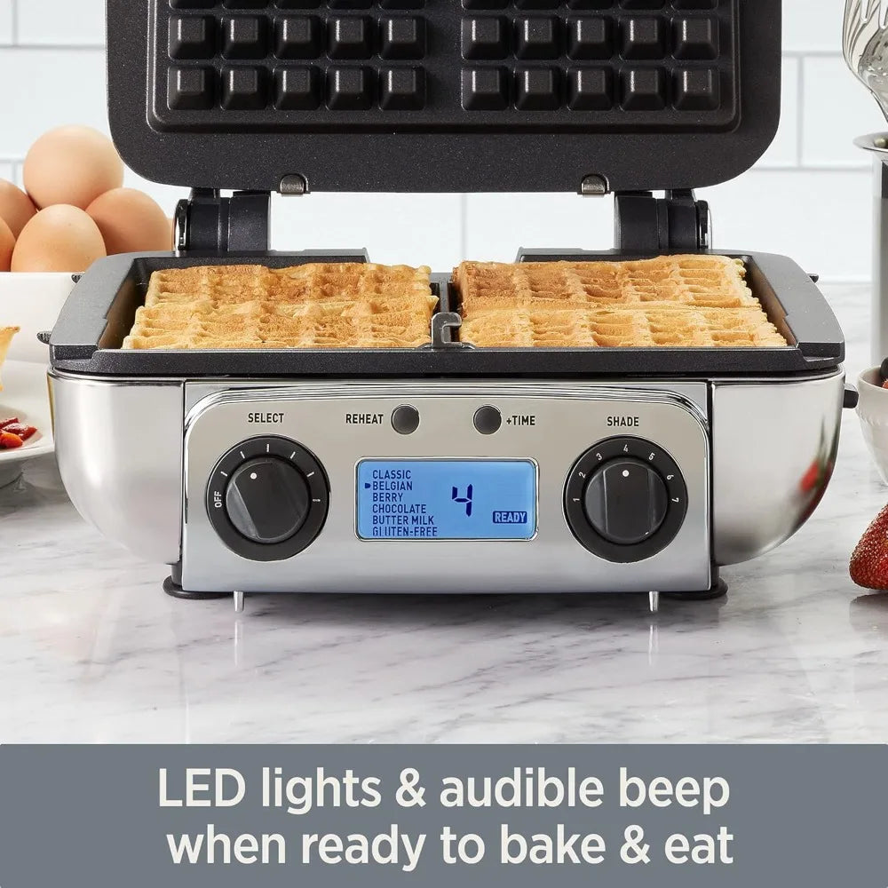 1 Square Belgian Waffle Maker (4-Slice, Silver) – Perfect for Morning Meals, Holiday Brunches; Digital LCD, Audible Alerts