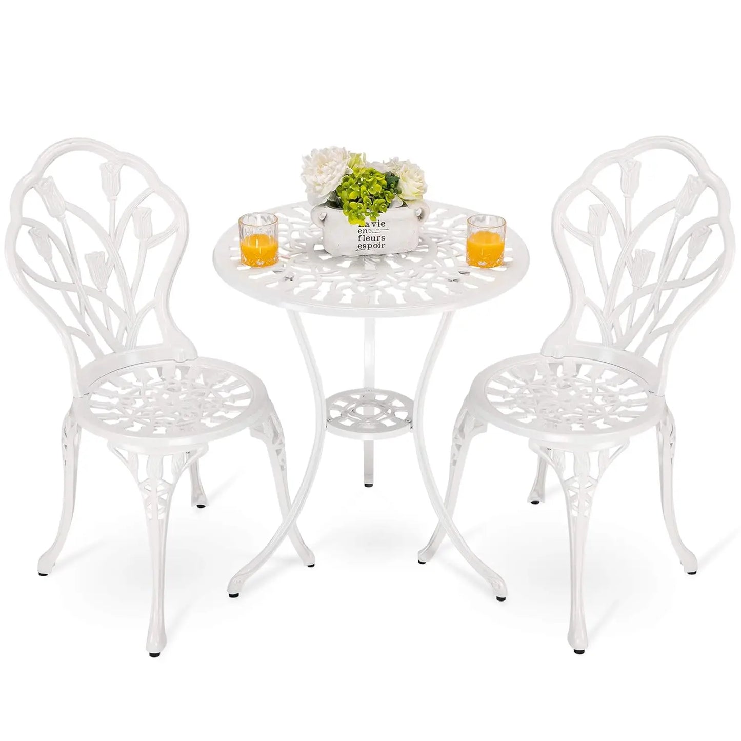 Bistro Table and Chairs Set of 2 Outdoor 3 Piece Patio Set, Rose Pattern Cast Aluminum Bistro for Garden Balcony,,