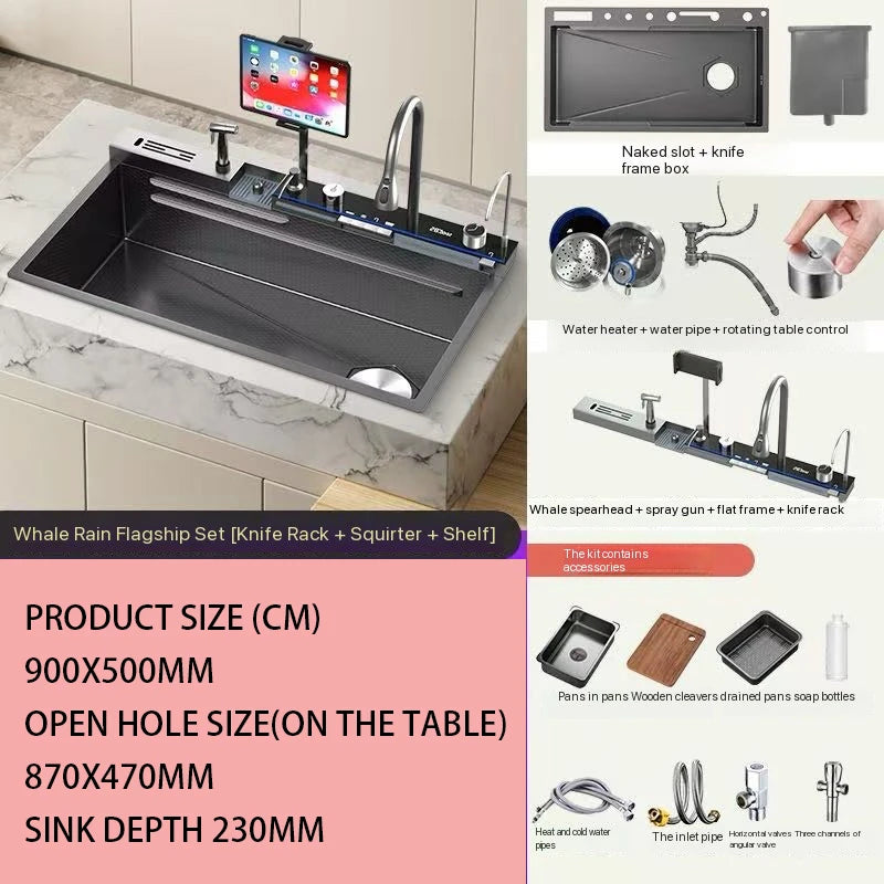 Digital fly rain waterfall sink embossed stainless steel large single sink kitchen black washbasin