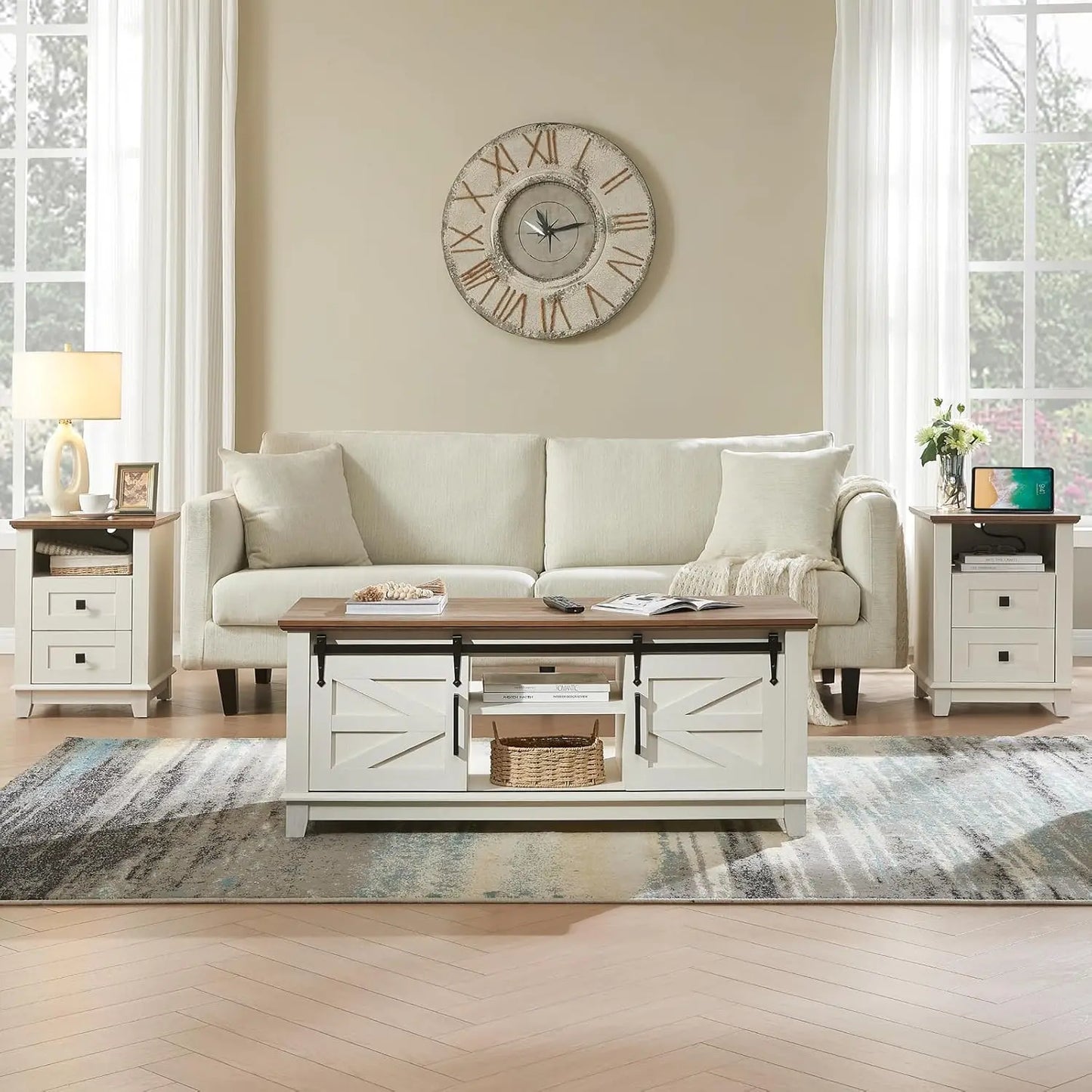 3-Piece Farmhouse Living Room Table Set - Coffee Table with Sliding Barn Doors & End Table Set of 2 with Charging Station