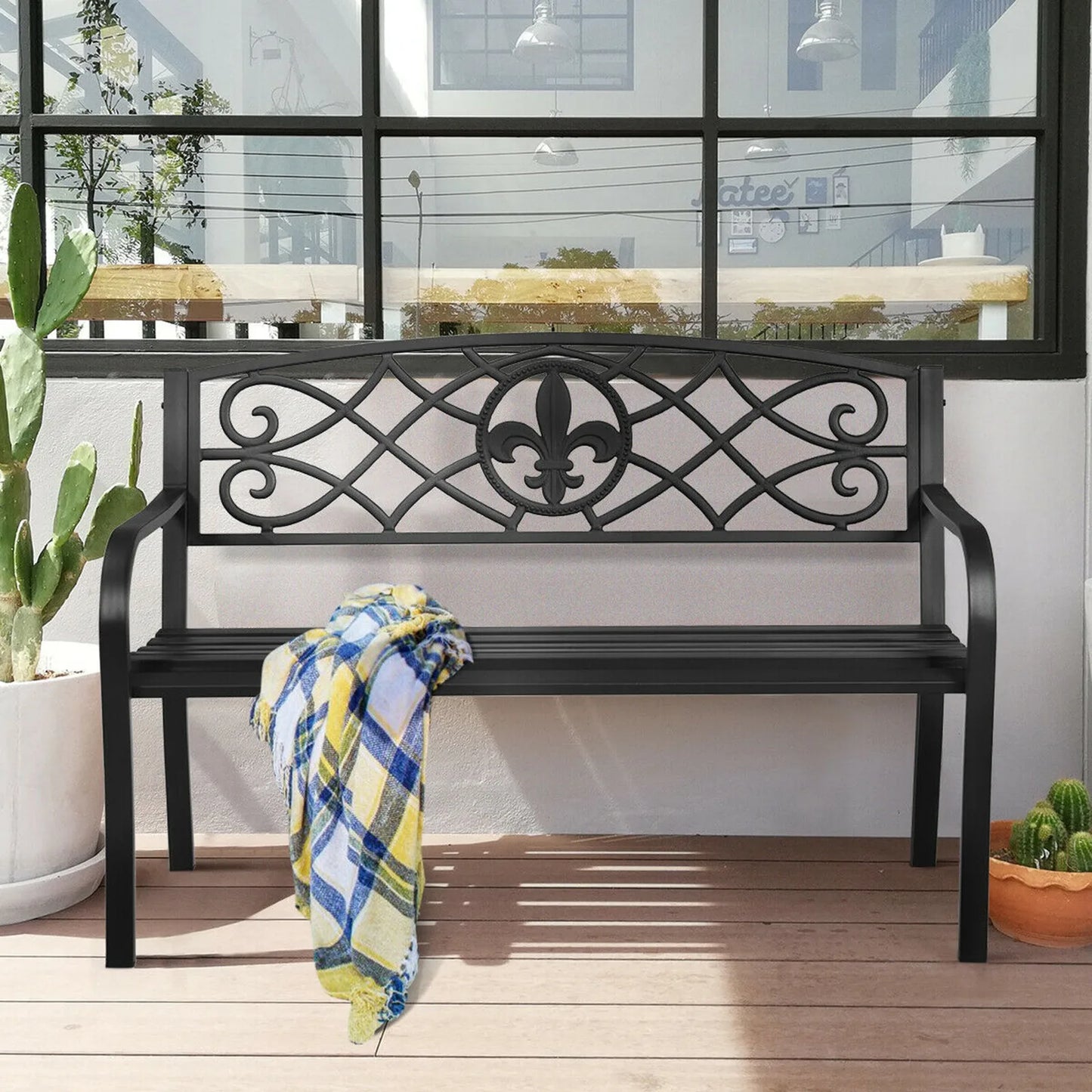 Garden Bench Loveseat Outdoor Garden Park w/ Steel Frame Backrest