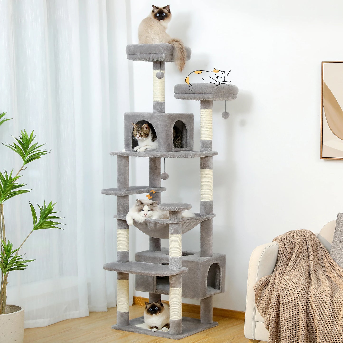 Large Cat Tree and Tower, With Scratching Posts Spacious Hammock Padded Perches and Condos Cat Toys