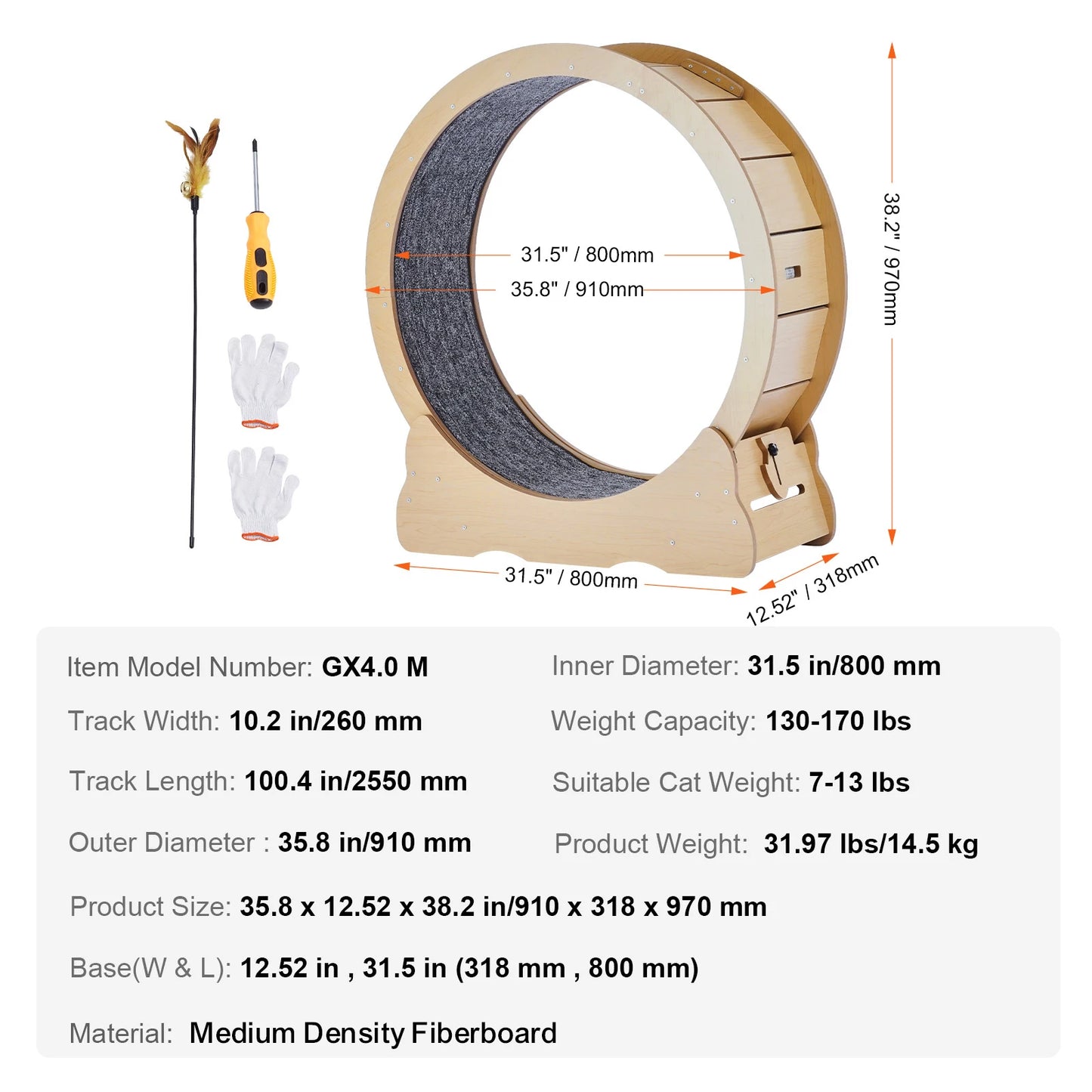 Wooden Cat Exercise Wheel Large Cat Treadmill Wheel for Indoor Cat with Detachable Carpet& Cat Teaser