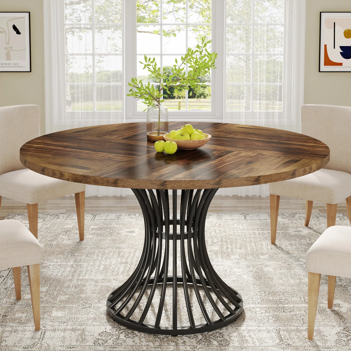 47" Round Dining Table for 4 People, Farmhouse Kitchen Table with Wooden Texture Surface & Pedestal Base, Round Table